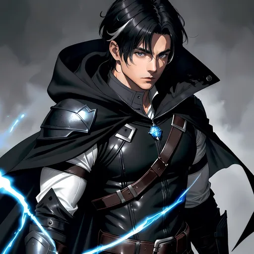 Prompt: 30 year old male ranger, dark leather, cape and hood, fantasy clothing, short black hair (with a white streak in it), grey eyes, atmospheric color washes, calm expression, athletic strong build, muscular, masculine, buff, bloody