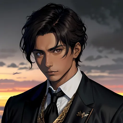 Prompt: 28 year old assassin, dark messy hair, handsome, tan skin, soft expression, brown eyes, detailed, atmospheric color washes, tan, high quality, victorian scenery