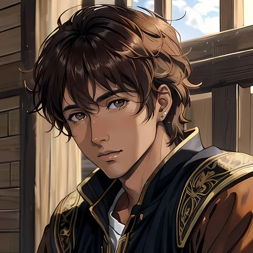 Prompt: 31 year old male peasant, auburn messy hair, soft features, brown eyes, tan skin, kind expression, detailed, atmospheric color washes, tan