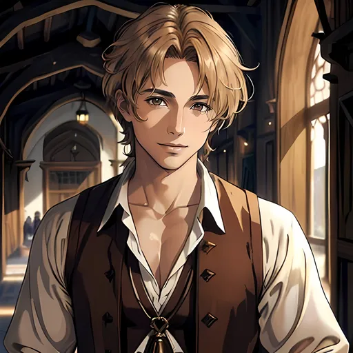 Prompt: 34 year old male peasant, light auburn messy hair, dirty blonde, soft features, brown eyes, tan skin, kind expression, detailed, atmospheric color washes, handsome, full torso, modest clothing, smiling, religious imagery, tan, peasant, simple clothing, tan skin, playful, high quality, spiritualcore, tan skin, pirate