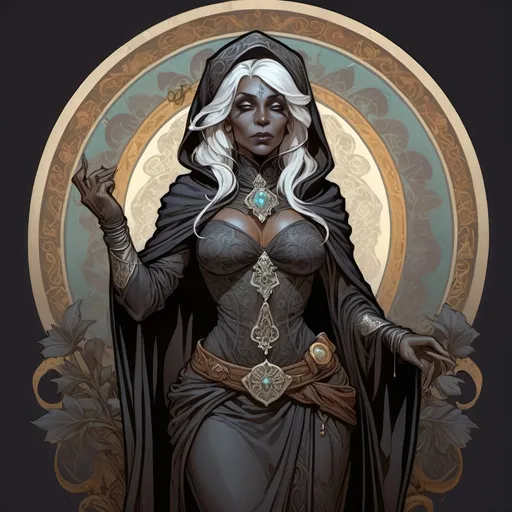 Prompt: 50 year old female drow, bandit, grave cleric, detailed, high quality, dark colors, full body illustration, detailed clothing, conservative clothing 