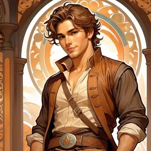 Prompt: 27 year old male gunslinger, cleric, brown messy hair pulled back into a short low ponytail, wavy hair, soft features, brown eyes, athletic build, full torso illustration, resembles jonathan bailey, tan skin, kind expression, full illustration, full body, detailed, dark colors, low ponytail, smiling, detailed clothing