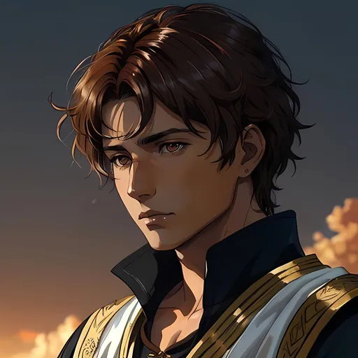 Prompt: 31 year old male peasant, auburn messy hair, soft features, brown eyes, tan skin, sad expression, detailed, atmospheric color washes, tan, fantasy clothing, cleric, full body, high quality