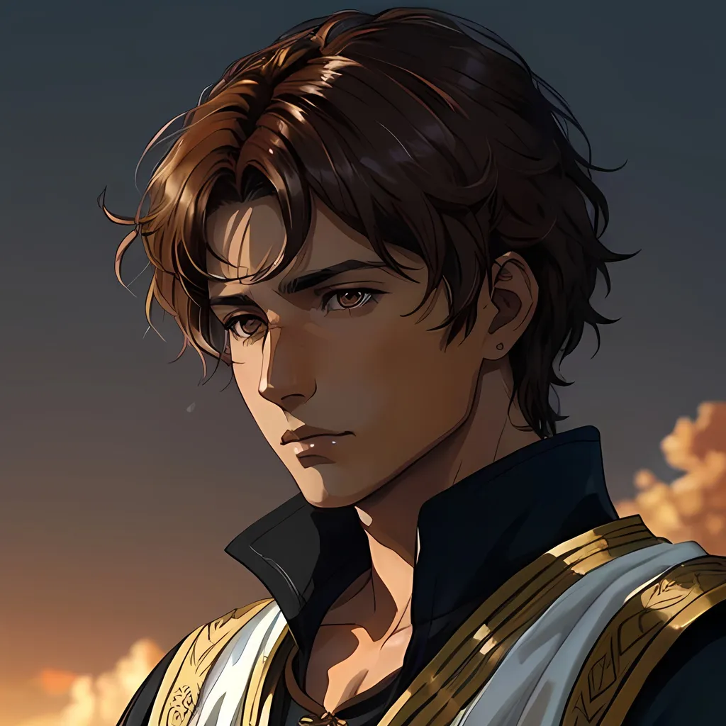 Prompt: 31 year old male peasant, auburn messy hair, soft features, brown eyes, tan skin, sad expression, detailed, atmospheric color washes, tan, fantasy clothing, cleric, full body, high quality