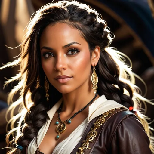 Prompt: 34 year old female pirate, dark braided hair, jewelry, dark skin, soft features, brown eyes,  kind expression, detailed, dark colors, atmospheric color washes, full torso