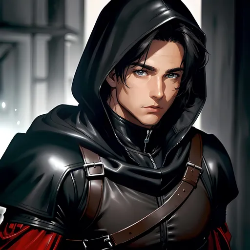 Prompt: 30 year old male ranger, dark leather, cape and hood, fantasy clothing, short hair, short hair,, grey eyes, atmospheric color washes, calm expression, athletic strong build, muscular, masculine, buff, bloody, resembles Jason Todd 