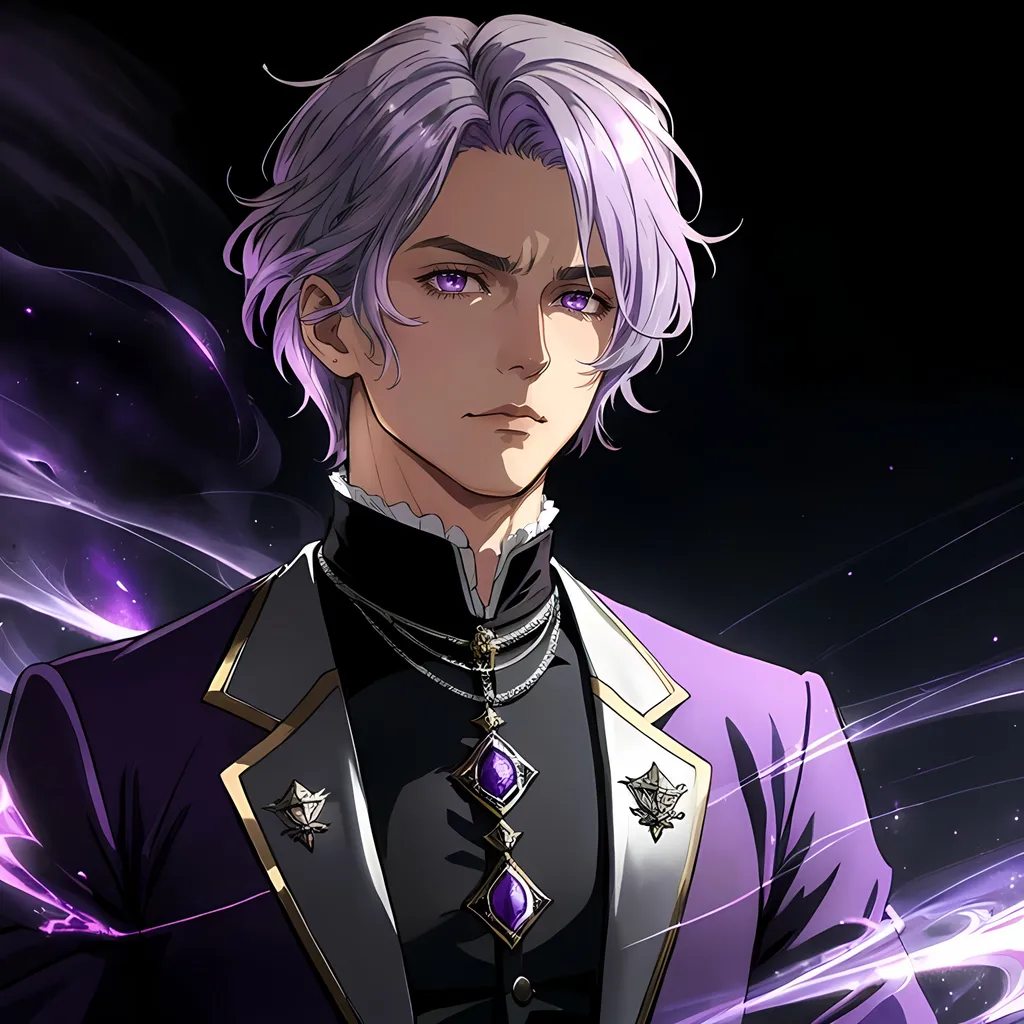 Prompt: 30 year old male noble, purple tones, fantasy clothing, silver hair, dark eyes, atmospheric color washes, concerned expression, athletic strong build, charming, victorian clothing