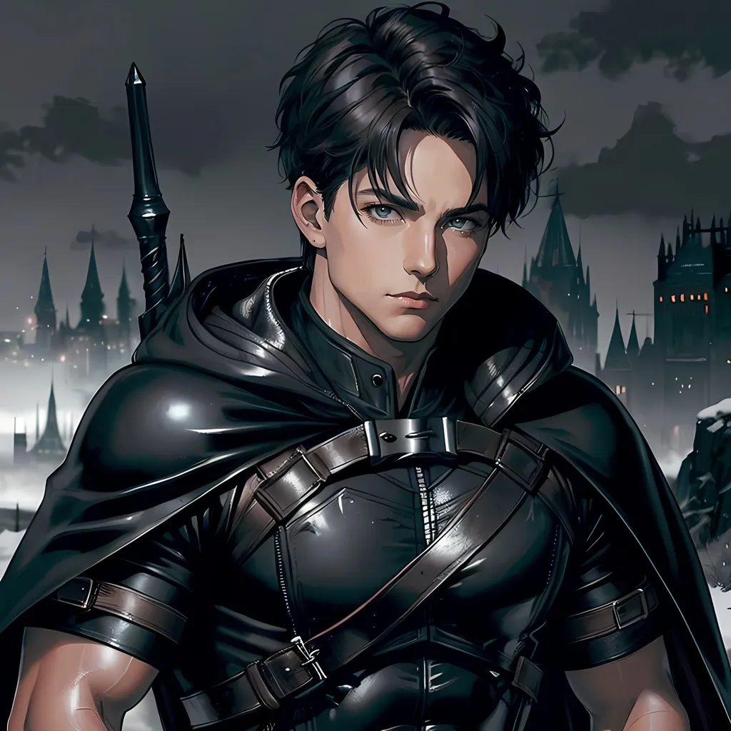 Prompt: 30 year old male ranger, dark leather, cape and hood, fantasy clothing, short hair, short hair,, grey eyes, atmospheric color washes, calm expression, athletic strong build, muscular, masculine, buff, bloody, resembles Jason Todd 