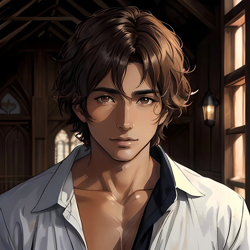 Prompt: 31 year old male peasant, auburn messy hair, soft features, brown eyes, tan skin, kind expression, detailed, atmospheric color washes, religious themes