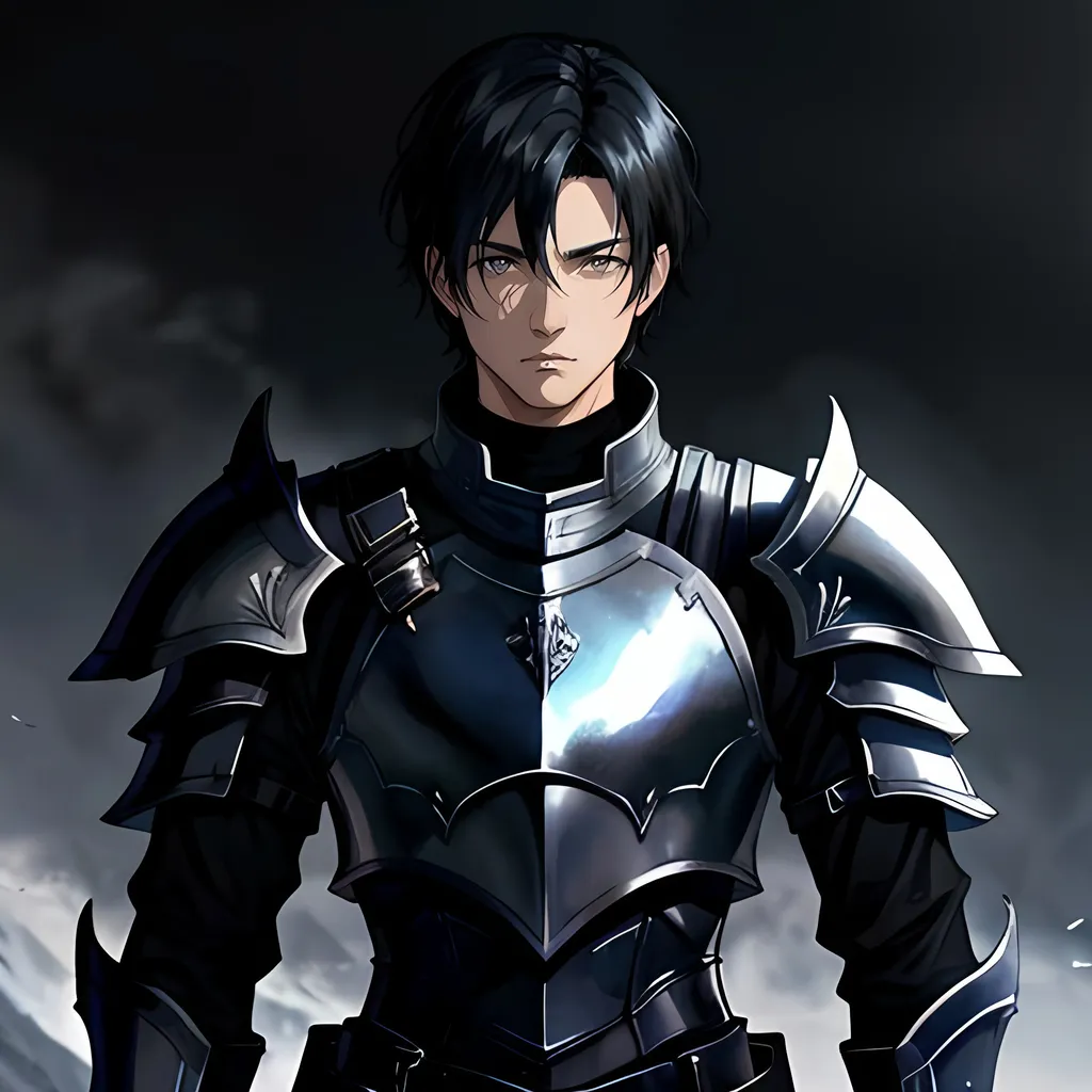 Prompt: 40 year old male black knight, short black hair, grey eyes, atmospheric color washes, calm expression, edgy, full torso, ornate armor