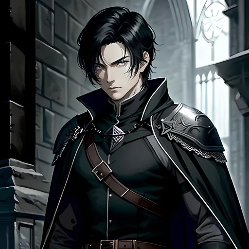 Prompt: 34 year old male dnd ranger, fantasy clothing, short black hair with a white streak, short hair, grey eyes, atmospheric color washes, calm expression, athletic strong build, bloody, masculine, serious, gothic horror themes, cape