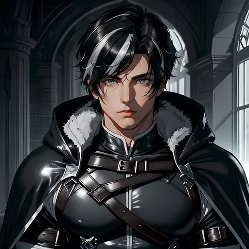 Prompt: 30 year old male ranger, dark leather, cape and hood, fantasy clothing, short black hair (with a white streak in it), grey eyes, atmospheric color washes, calm expression, athletic strong build, muscular, masculine, buff, bloody