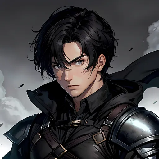 Prompt: 30 year old male ranger, fantasy clothing, short black hair, short hair, grey eyes, atmospheric color washes, calm expression, athletic strong build, muscular, masculine,  bloody, masculine, angry