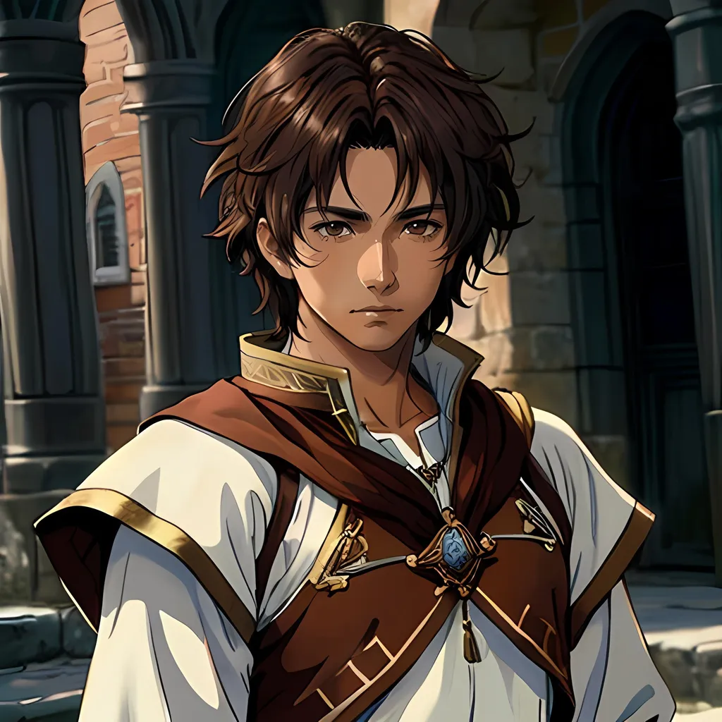 Prompt: 31 year old male peasant, auburn messy hair, soft features, brown eyes, tan skin, sad expression, detailed, atmospheric color washes, tan, fantasy clothing, cleric, full torso, high quality