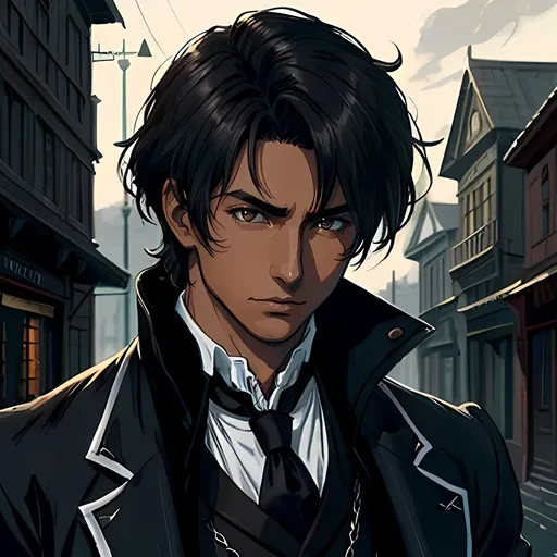 Prompt: 28 year old assassin, dark messy hair, handsome, tan skin, calm expression, detailed, atmospheric color washes, tan, high quality, dark victorian scenery
