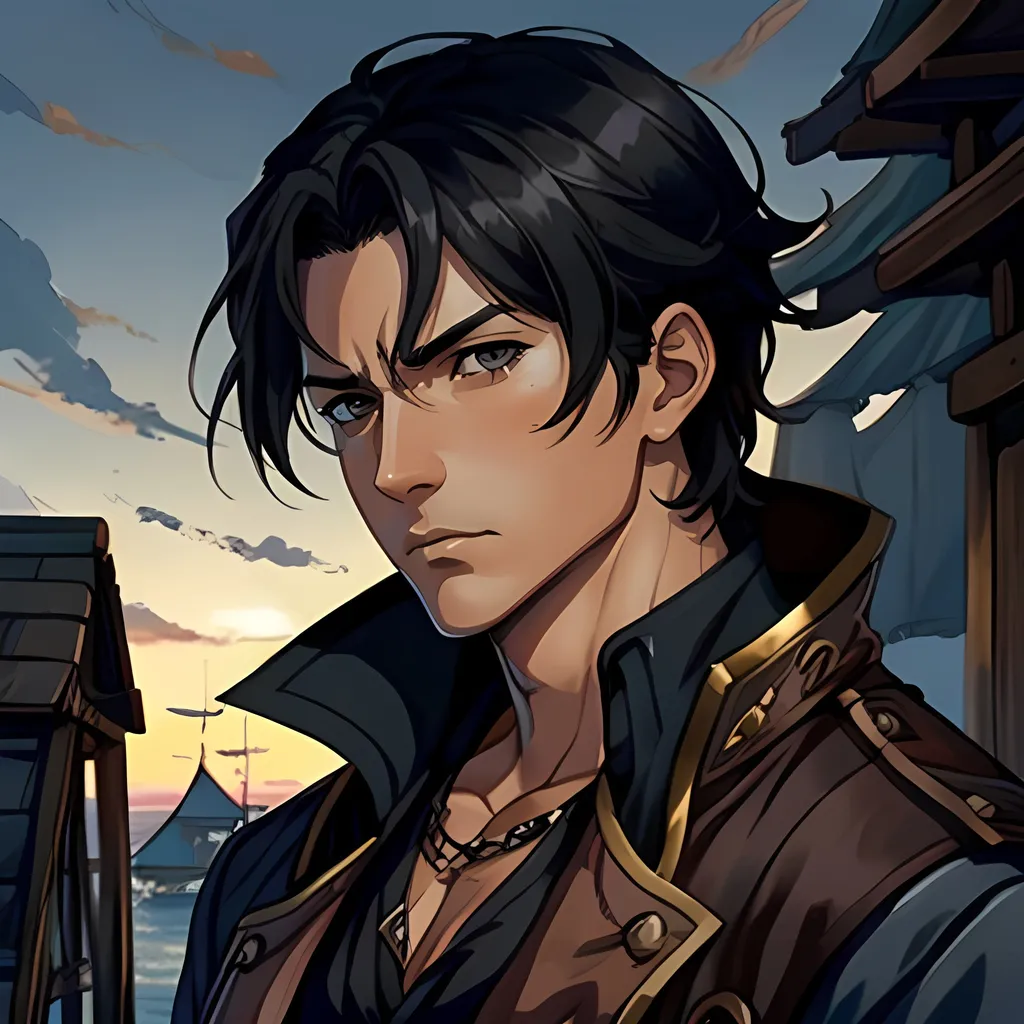 Prompt: 40 year old male pirate, black hair, grey eyes, tan skin, atmospheric color washes, serious expression