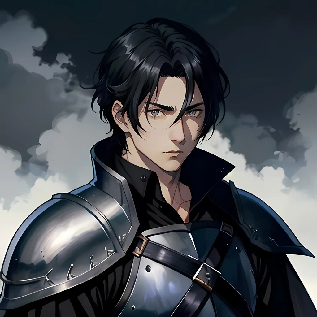 Prompt: 40 year old male black knight, black hair, grey eyes, atmospheric color washes, calm expression, edgy