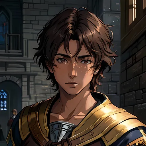 Prompt: 31 year old male peasant, auburn messy hair, soft features, brown eyes, tan skin, sad expression, detailed, atmospheric color washes, tan, fantasy clothing, cleric, full body, high quality