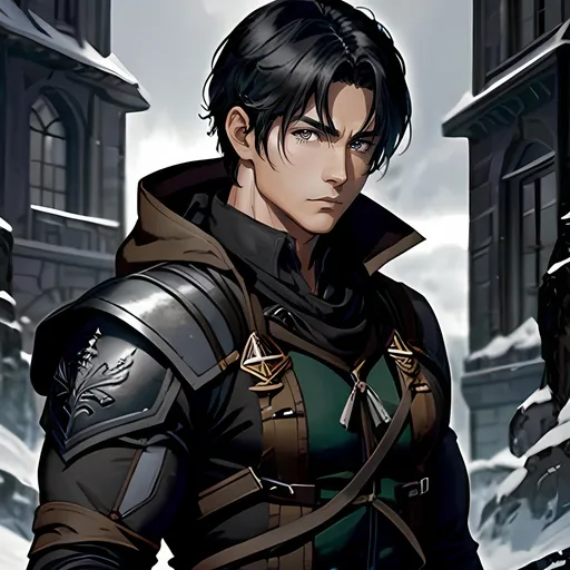 Prompt: 34 year old male ranger, fantasy clothing, short black hair, short hair, grey eyes, atmospheric color washes, calm expression, athletic strong build, muscular, masculine,  bloody, masculine, serious