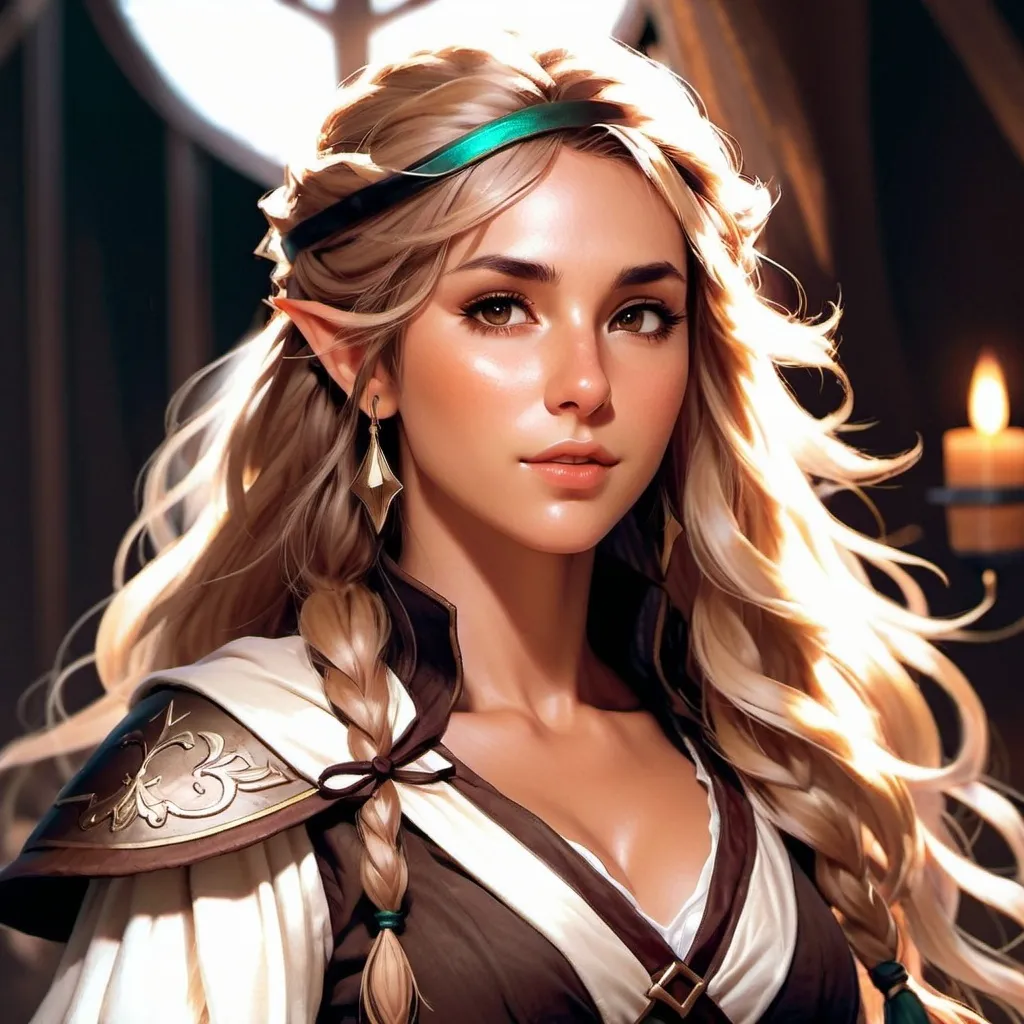 Prompt: 34 year old female elf pirate, blond wavy hair, soft features, brown eyes, tan skin, kind expression, detailed, dark colors, atmospheric color washes, full torso