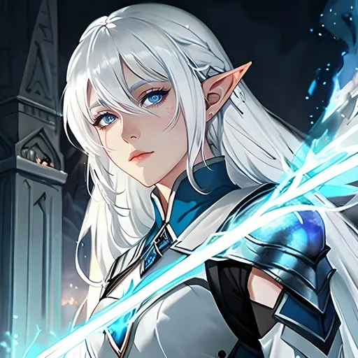 Prompt: beautiful white haired elf, blue skin, scar over her eye, grey eyes, tall, sorcerer, high quality, atmospheric color washes, modest clothing, intimidating