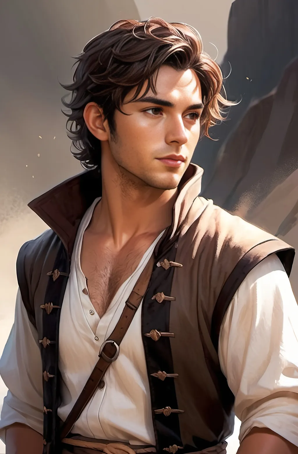 Prompt: 33 year old male peasant, auburn messy hair, soft features, brown eyes, athletic build, resembles jonathan bailey, tan skin, kind expression, detailed, atmospheric color washes, full body illustration, necromancer, handsome