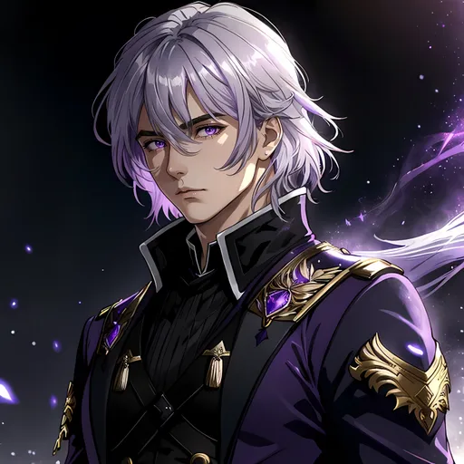 Prompt: 30 year old male noble, purple tones, fantasy clothing, silver hair, dark eyes, atmospheric color washes, calm expression, athletic strong build, charming, masculine