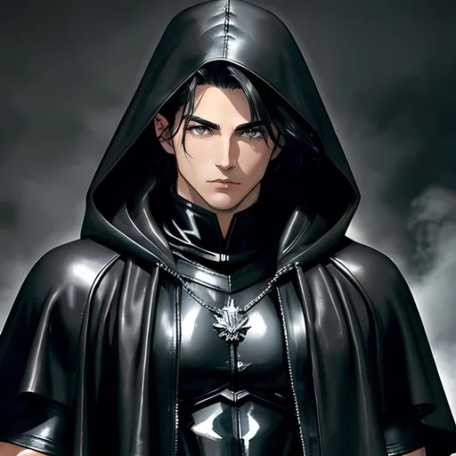 Prompt: 30 year old male ranger, dark leather, cape and hood, fantasy clothing, short black hair, grey eyes, atmospheric color washes, calm expression, athletic strong build, muscular, masculine, buff, bloody