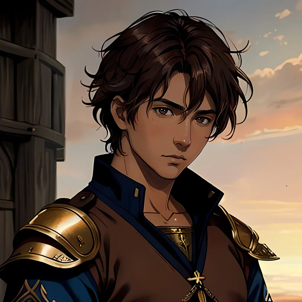 Prompt: 31 year old male peasant, auburn messy hair, soft features, brown eyes, tan skin, sad expression, detailed, atmospheric color washes, tan, fantasy clothing, cleric, full torso, high quality