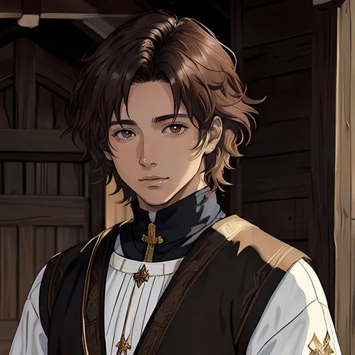 Prompt: 31 year old male peasant, auburn messy hair, soft features, brown eyes, tan skin, kind expression, detailed, atmospheric color washes, religious themes