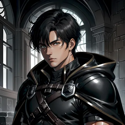 Prompt: 30 year old male ranger, dark leather, cape and hood, fantasy clothing, short black hair, grey eyes, atmospheric color washes, calm expression, athletic strong build, muscular, masculine, buff, bloody