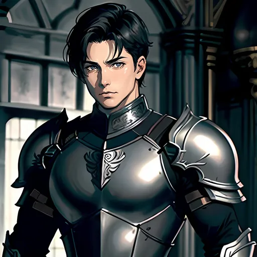 Prompt: 35 year old male, wearing ornate plate armor, short black hair, short hair, grey eyes, atmospheric color washes, calm expression, full torso, athletic strong build, muscular, masculine, buff, full torso, resembles jason todd, bloody, full torso, ornate armor, bloody