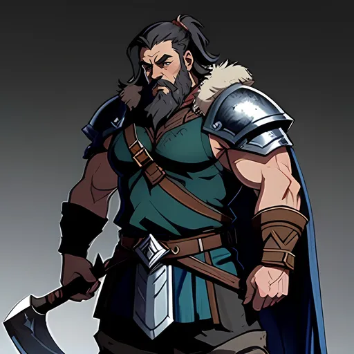 Prompt: older male dwarf barbarian, high quality, atmospheric color washes,  intimidating, facial hair, holding axe, high quality, battle armor, modest clothing, fur cape