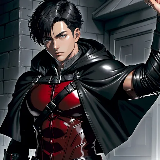 Prompt: 30 year old male ranger, dark leather, cape and hood, fantasy clothing, short hair, short hair,, grey eyes, atmospheric color washes, calm expression, athletic strong build, muscular, masculine, buff, bloody, resembles Jason Todd 