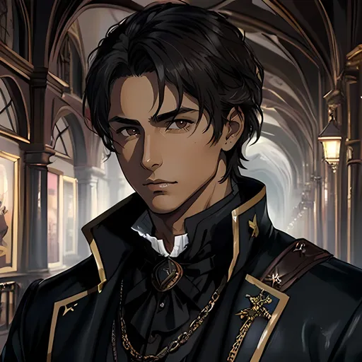 Prompt: 28 year old assassin, dark messy hair, handsome, tan skin, soft expression, brown eyes, detailed, atmospheric color washes, tan, high quality, dark victorian scenery