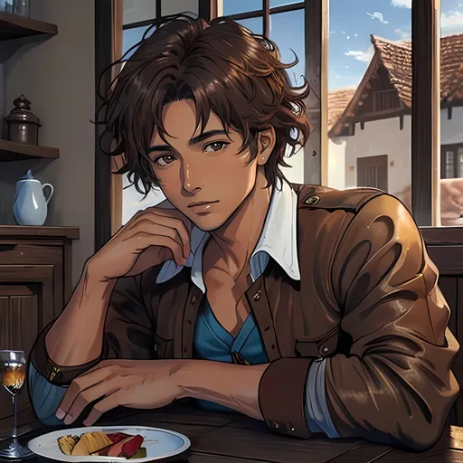 Prompt: 31 year old male peasant, auburn messy hair, soft features, brown eyes, tan skin, kind expression, detailed, atmospheric color washes, tan