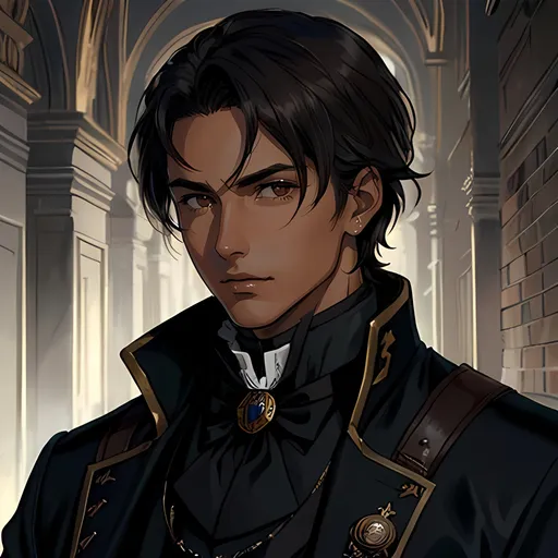 Prompt: 28 year old assassin, dark messy hair, handsome, tan skin, soft expression, brown eyes, detailed, atmospheric color washes, tan, high quality, dark victorian scenery