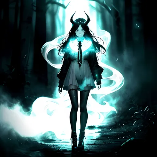 Prompt: beautiful black haired woman, horns, horror themes, cool colors, sad expression, high quality, atmospheric color washes, full body, ghostly, horror themes, sad, white clothing, full body, jewelry, blood, celestial