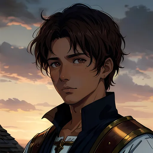 Prompt: 31 year old male peasant, auburn messy hair, soft features, brown eyes, tan skin, sad expression, detailed, atmospheric color washes, tan, fantasy clothing, cleric, full body, high quality