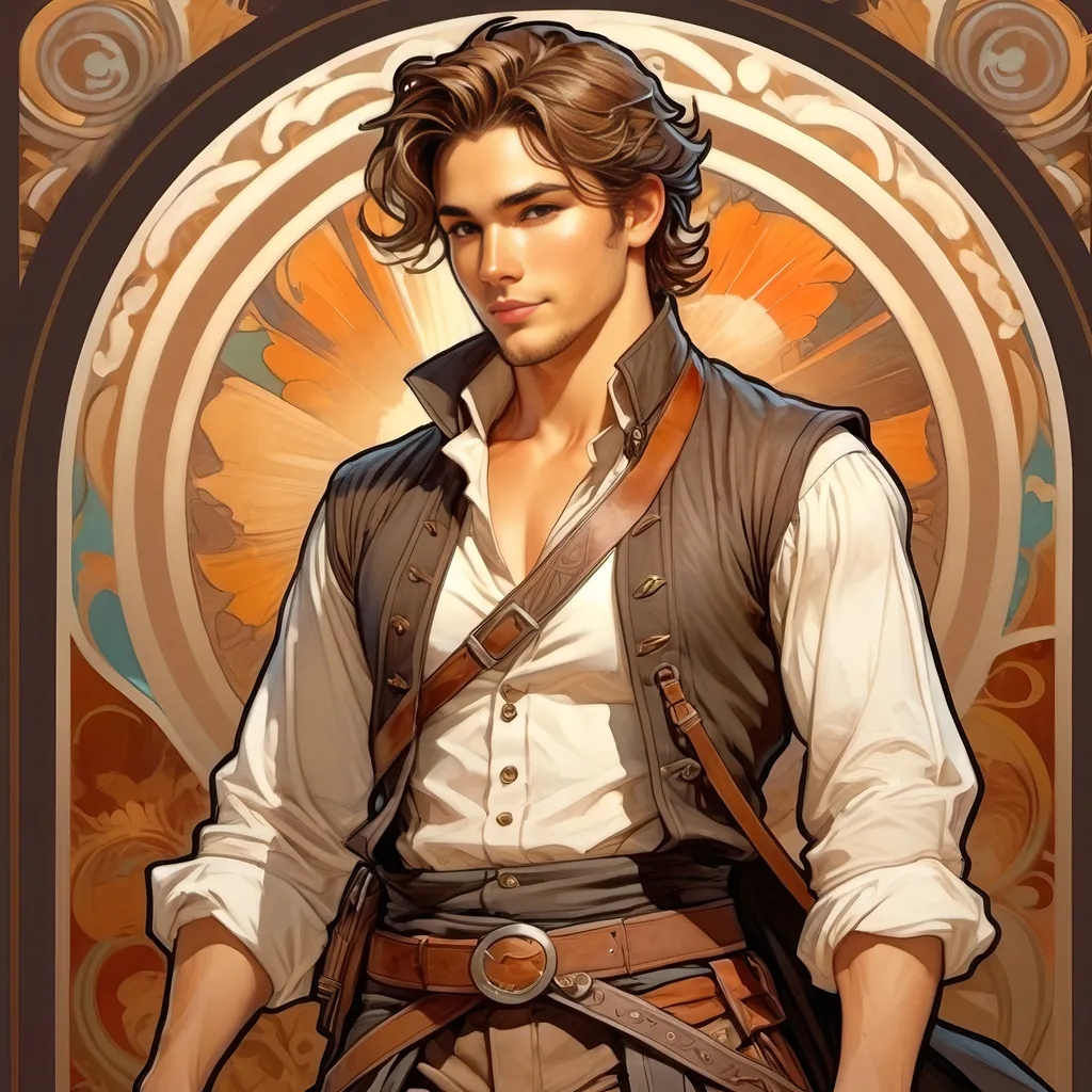 Prompt: 27 year old male gunslinger, cleric, brown messy hair pulled back into a short low ponytail, wavy hair, soft features, brown eyes, athletic build, full torso illustration, resembles jonathan bailey, tan skin, kind expression, full illustration, full body, detailed, dark colors, low ponytail, smiling, detailed clothing