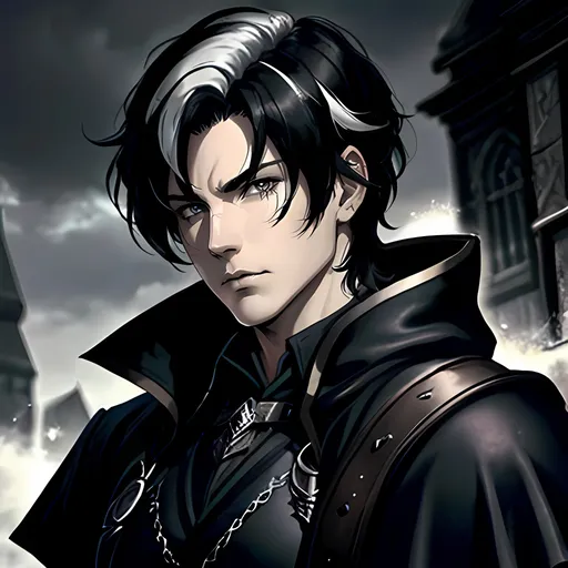 Prompt: 34 year old male dnd ranger, fantasy clothing, short black hair with a white streak, short hair, grey eyes, atmospheric color washes, calm expression, athletic strong build, bloody, masculine, serious, gothic horror themes, cape