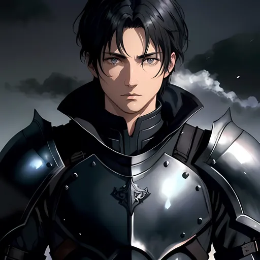 Prompt: 40 year old male black knight, short black hair, grey eyes, atmospheric color washes, calm expression, edgy, full torso, ornate armor