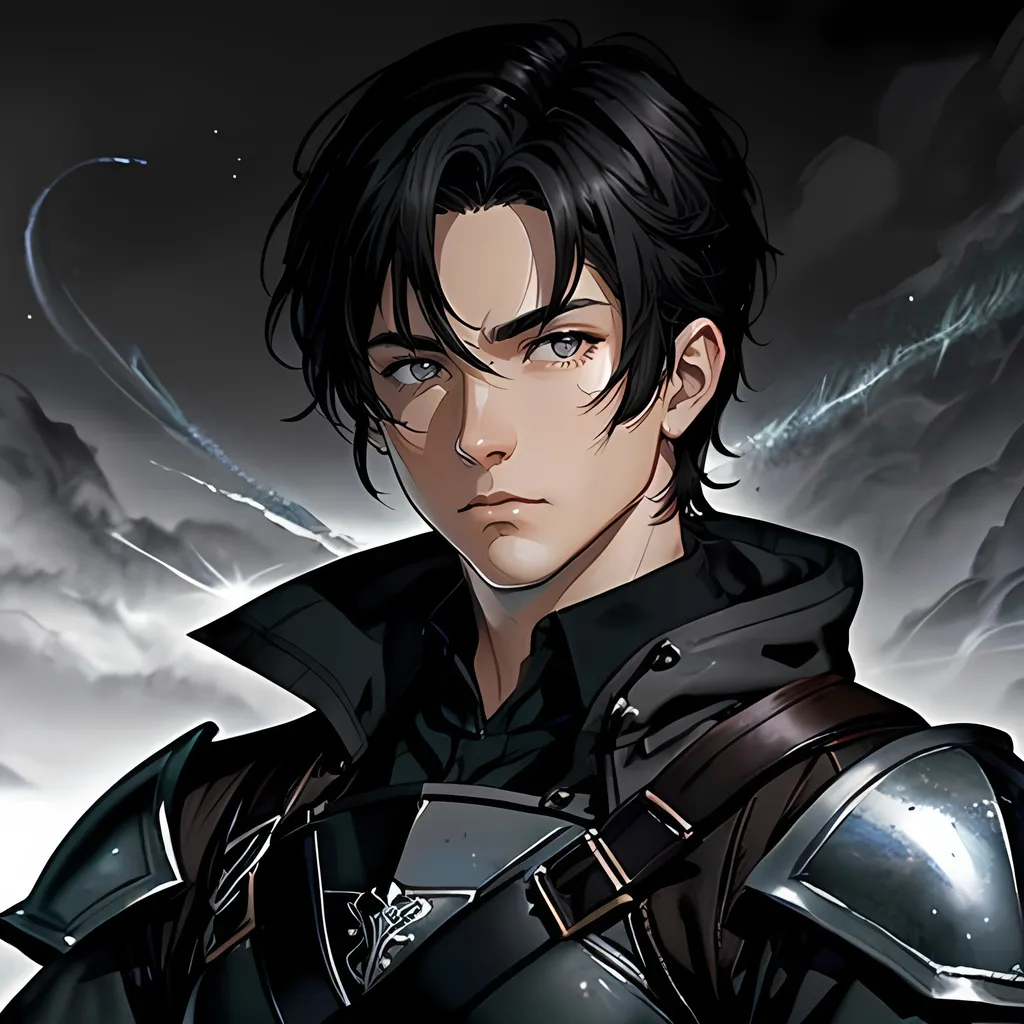 Prompt: 34 year old male ranger, fantasy clothing, short black hair, short hair, grey eyes, atmospheric color washes, calm expression, athletic strong build, muscular, masculine,  bloody, masculine, serious