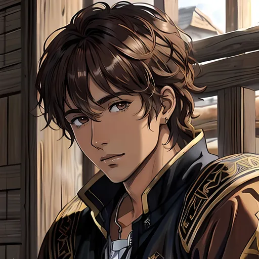 Prompt: 31 year old male peasant, auburn messy hair, soft features, brown eyes, tan skin, kind expression, detailed, atmospheric color washes, tan