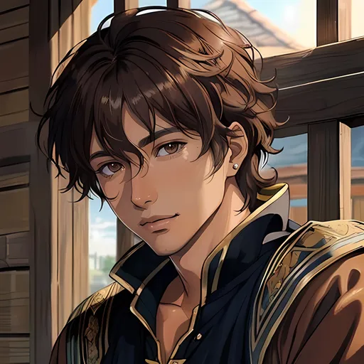 Prompt: 31 year old male peasant, auburn messy hair, soft features, brown eyes, tan skin, kind expression, detailed, atmospheric color washes, tan