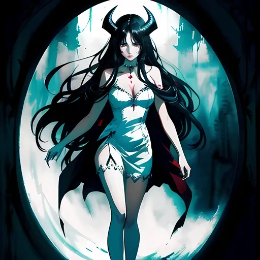 Prompt: black haired woman, beautiful, elegant, blood-coated horns, sad expression, high quality, atmospheric color washes, full body, ghostly, horror themes, sad, white clothing, full body, jewelry, celestial