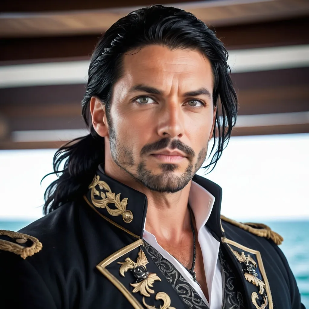 Prompt: 33 year old male, black hair, grey eyes, athletic build, detailed, pirate captain clothing, high quality, handsome, intimidating, stern, formal