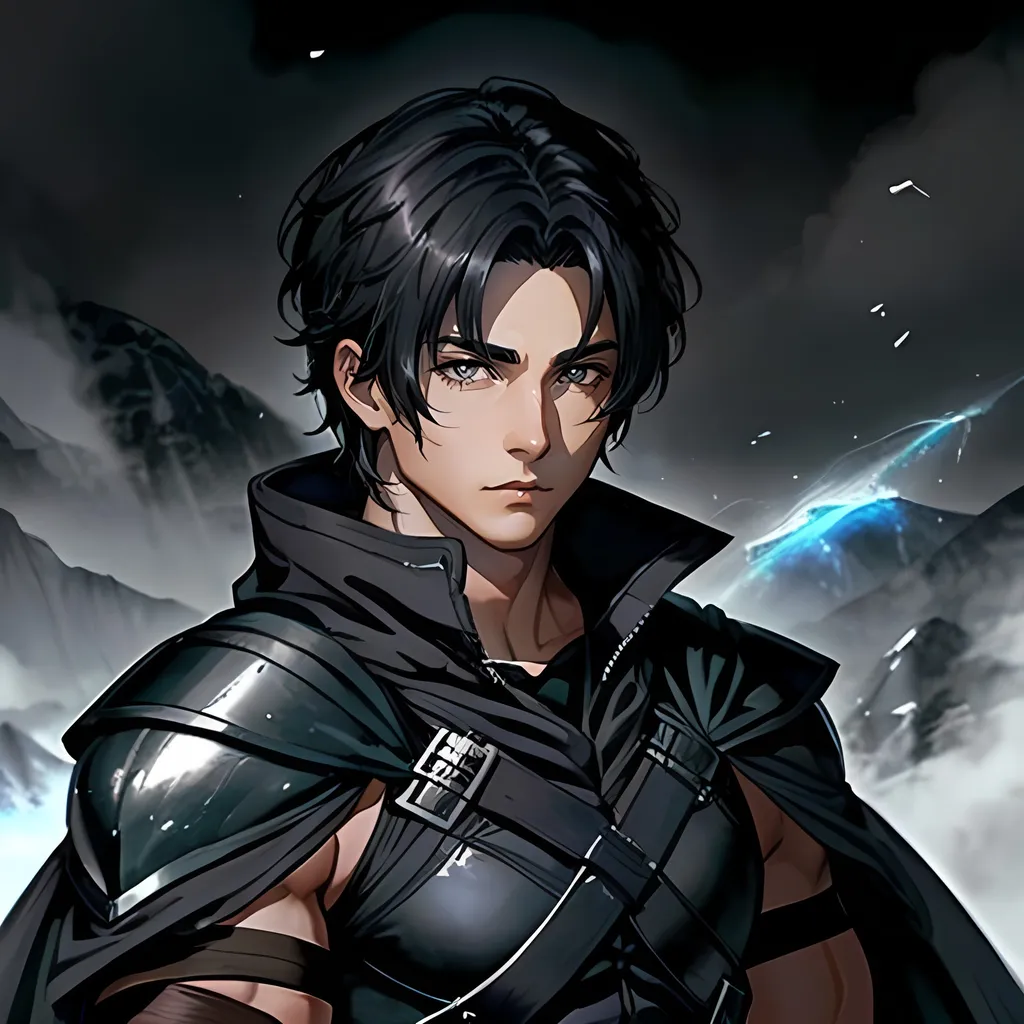 Prompt: 30 year old male ranger, fantasy clothing, short black hair, grey eyes, atmospheric color washes, calm expression, athletic strong build, muscular, masculine,  bloody, masculine