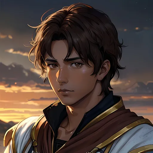 Prompt: 31 year old male peasant, auburn messy hair, soft features, brown eyes, tan skin, sad expression, detailed, atmospheric color washes, tan, fantasy clothing, cleric, full body, high quality