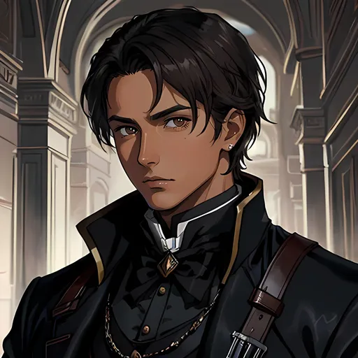 Prompt: 28 year old assassin, dark messy hair, handsome, tan skin, soft expression, brown eyes, detailed, atmospheric color washes, tan, high quality, dark victorian scenery